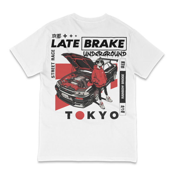 White Late Brake Tokyo Street Race T-Shirt — rear view