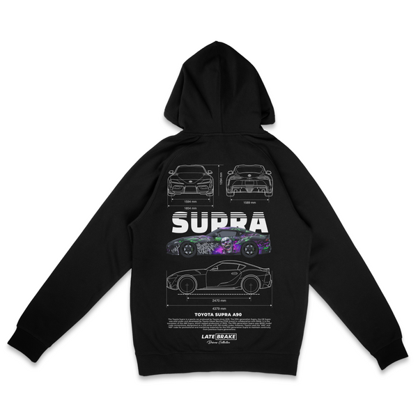 Black Late Brake Supra A90 Joker Drivers Collective Hoodie — rear view