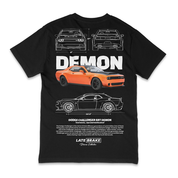Black Late Brake Challenger Demon Drivers Collective T-Shirt — rear view