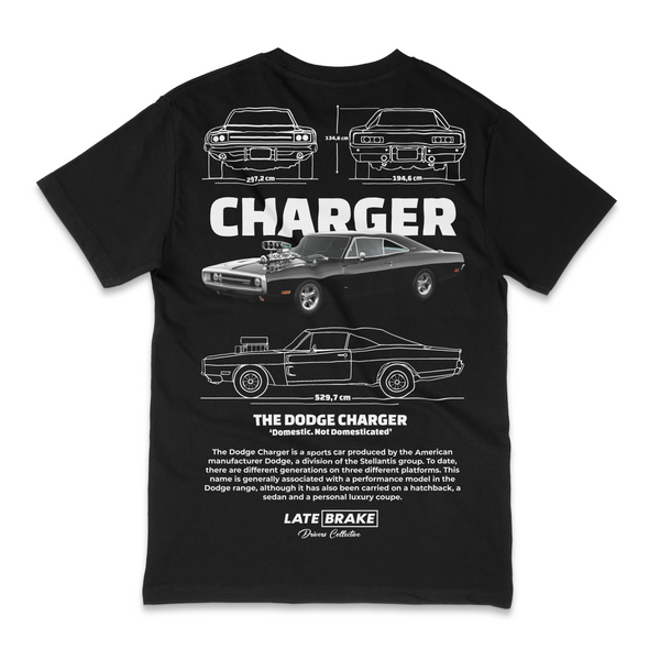 Black Late Brake Charger 1970 Drivers Collective T-Shirt — rear view