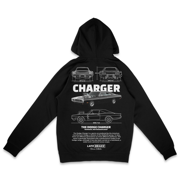 Black Late Brake Charger 1970 Drivers Collective Hoodie — rear view