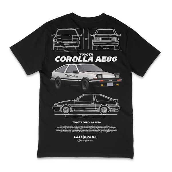 Black Late Brake Corolla AE86 Drivers Collective T-Shirt — rear view