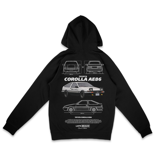 Black Late Brake Corolla AE86 Drivers Collective Hoodie — rear view