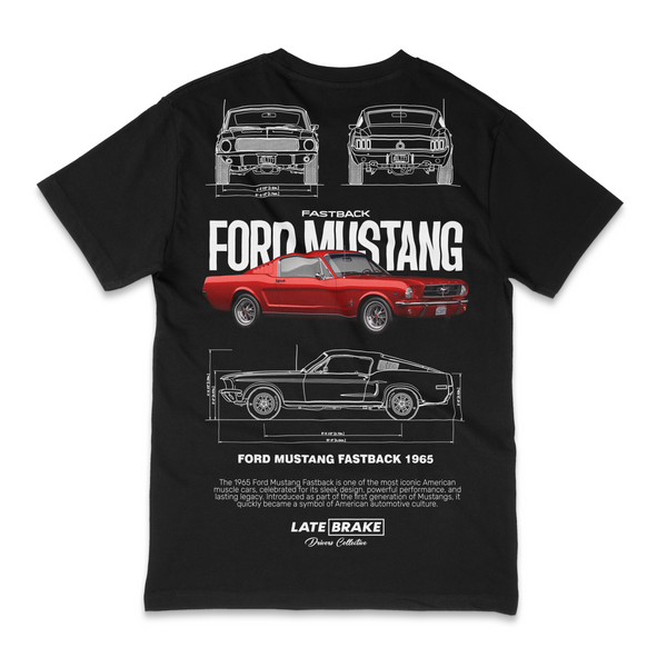 Black Late Brake Mustang Fastback 1965 Drivers Collective T-Shirt — rear view