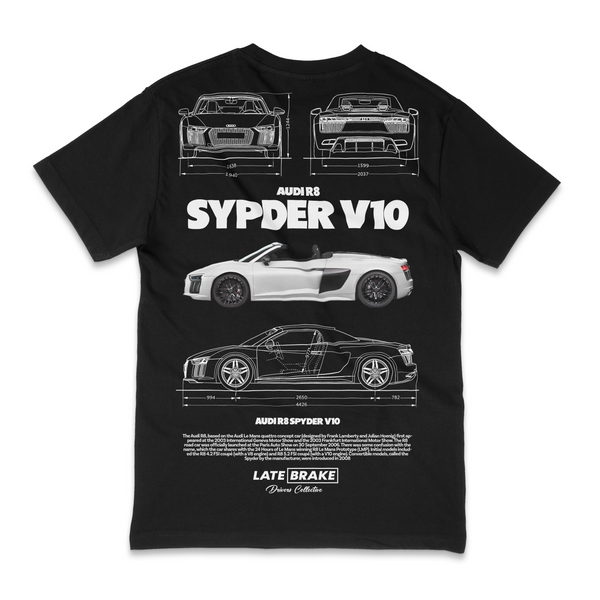 Black Late Brake R8 Spyder Drivers Collective T-Shirt — rear view