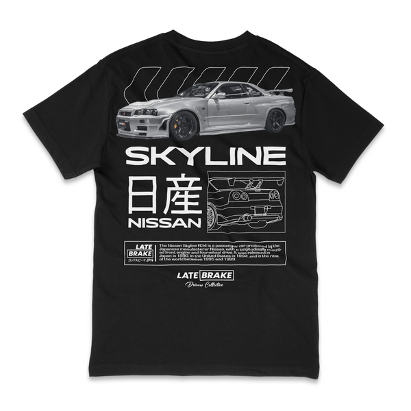 Black Late Brake Skyline R34 Drivers Collective T-Shirt — rear view