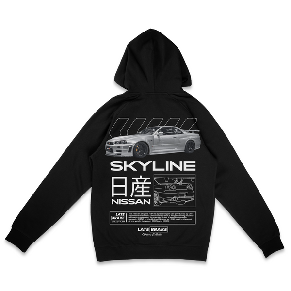 Black Late Brake Skyline R34 Drivers Collective Hoodie — rear view
