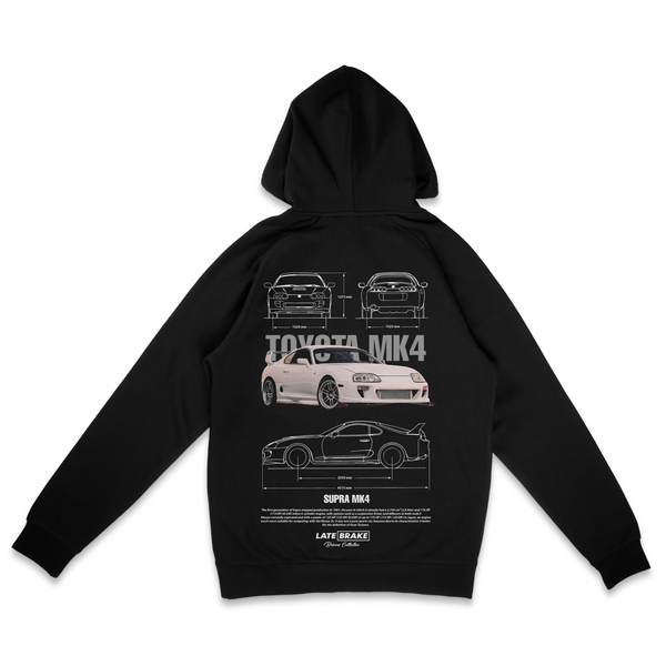 Black Late Brake Supra MK4 (WHT) Drivers Collective Hoodie — rear view