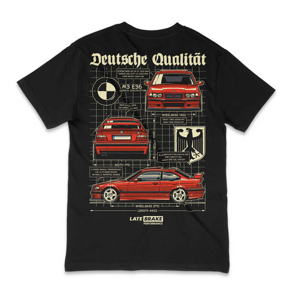 Black Late Brake Deutsche Qualitat T-Shirt — rear view