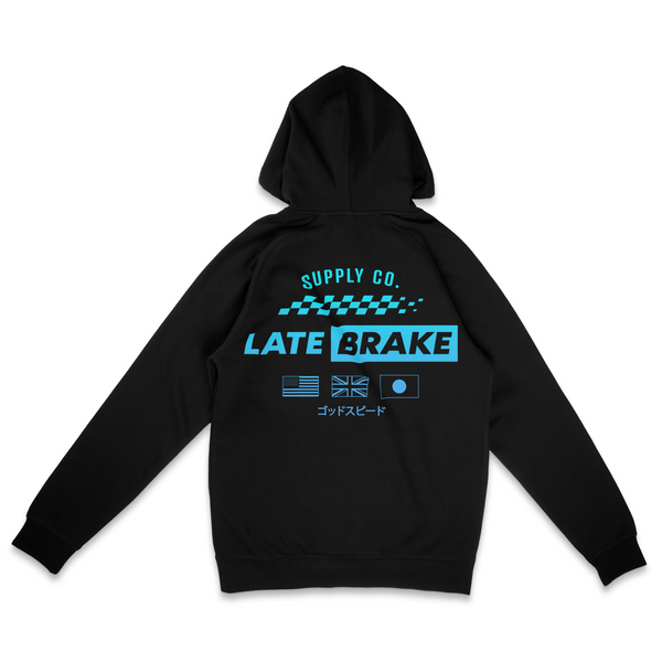 Black Late Brake International Supply Hoodie (Blue Gradient) — rear view