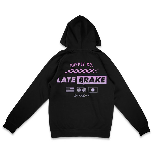 Black Late Brake International Supply Hoodie (Pink Gradient) — rear view