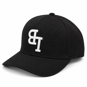 Late Brake black curved brim cap with a white embroidered LB monogram on a white background.